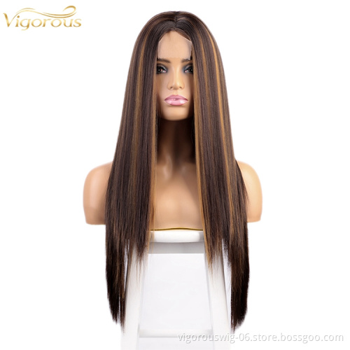 Vigorous Long Straight Synthetic Blend Wig Extension Heat Resistant Highlight Brown Black Women Lace Front Synthetic Hair Wigs